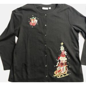 Quacker Factory Embroidered Sequin Snap Front Cardigan Christmas Sled Size 1X